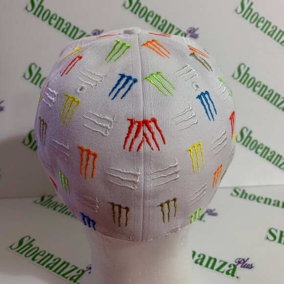 Monster Energy Hat Embroidered Multicolor Logo Flat Brim Fitted Cap White 7 1/4 - Picture 4 of 7